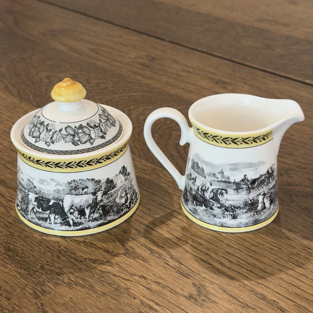 Villeroy & Boch Auden Ferme Sugar Bowl Creamer Set W/Lid Made In Germany Yellow